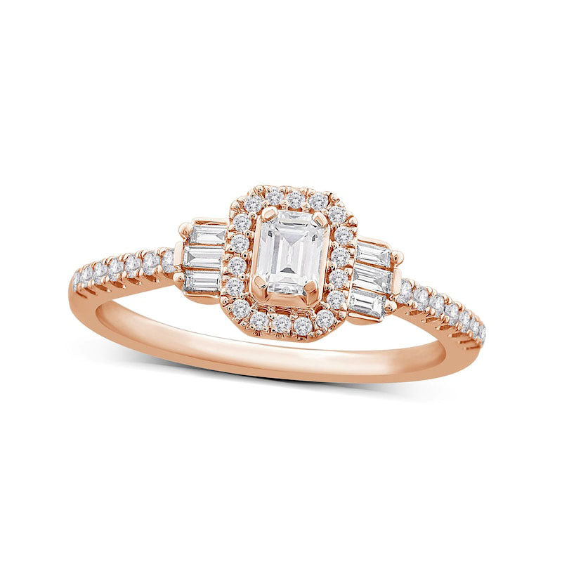 0.50 CT. T.W. Emerald-Cut Natural Diamond Frame with Collar Engagement Ring in Solid 14K Rose Gold