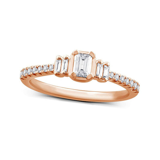 0.50 CT. T.W. Emerald-Cut Natural Diamond Collar Engagement Ring in Solid 14K Rose Gold