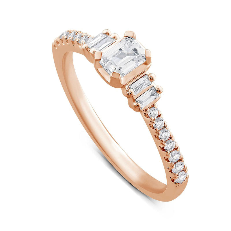 0.50 CT. T.W. Emerald-Cut Natural Diamond Collar Engagement Ring in Solid 14K Rose Gold