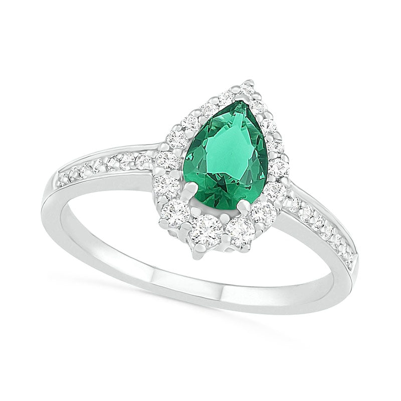 Pear-Shaped Lab-Created Emerald and White Sapphire Crown Frame Ring in Sterling Silver