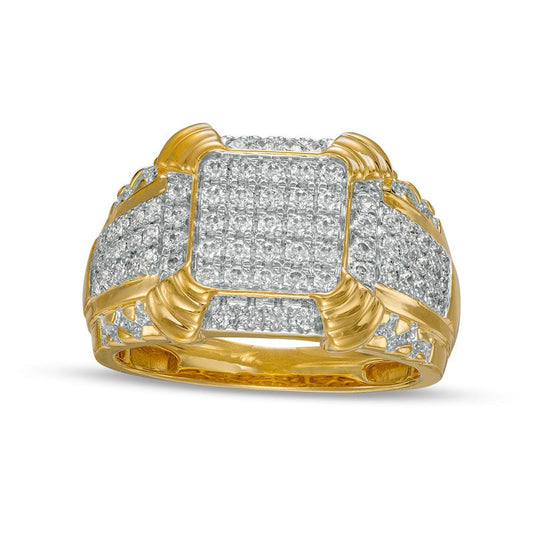 Men's 1.0 CT. T.W. Cushion Composite Natural Diamond Tiered Four-Corner Border Multi-Row Ring in Solid 10K Yellow Gold