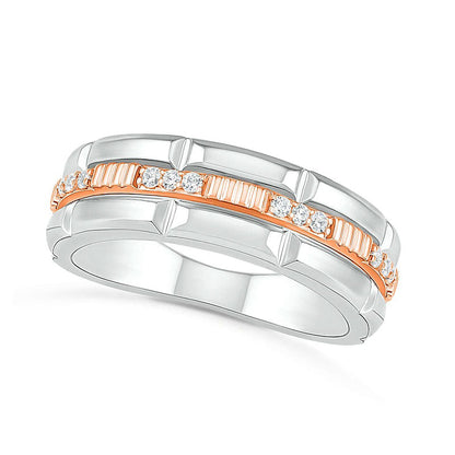 Men's 0.13 CT. T.W. Natural Diamond Textured Triple Row Wedding Band in Solid 10K Two-Tone Gold