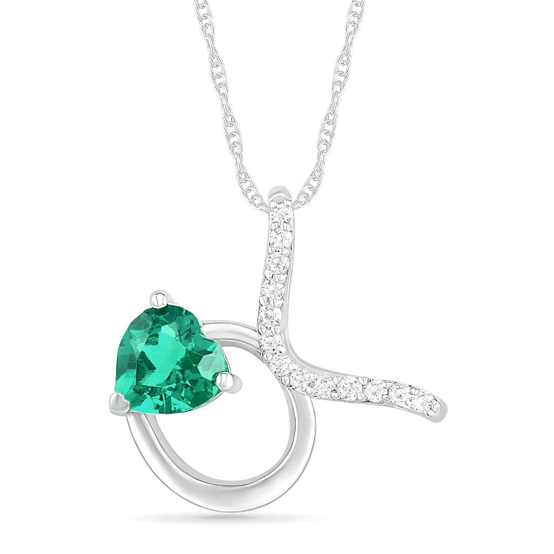 6.0mm Heart-Shaped Lab-Created Emerald and White Sapphire Taurus Zodiac Sign Pendant in Sterling Silver