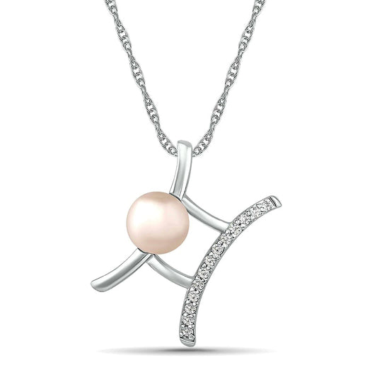 6.0mm Cultured Freshwater Pearl and White Lab-Created Sapphire Gemini Zodiac Sign Pendant in Sterling Silver
