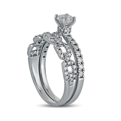 1.0 CT. T.W. Natural Diamond Rolo Chain Link Bridal Engagement Ring Set in Solid 10K White Gold