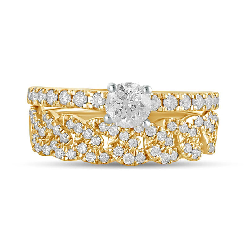 1.0 CT. T.W. Natural Diamond Cuban Curb Chain Link Bridal Engagement Ring Set in Solid 10K Yellow Gold