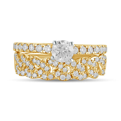 1.0 CT. T.W. Natural Diamond Cuban Curb Chain Link Bridal Engagement Ring Set in Solid 10K Yellow Gold