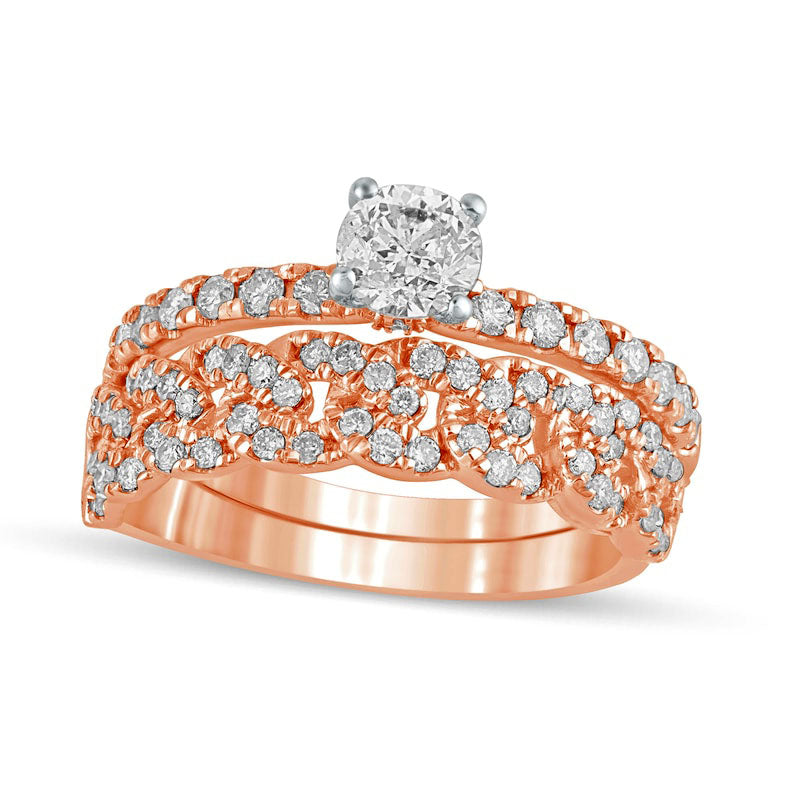 1.0 CT. T.W. Natural Diamond Cuban Curb Chain Link Bridal Engagement Ring Set in Solid 10K Rose Gold