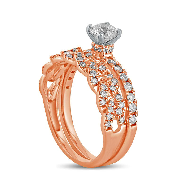 1.0 CT. T.W. Natural Diamond Cuban Curb Chain Link Bridal Engagement Ring Set in Solid 10K Rose Gold