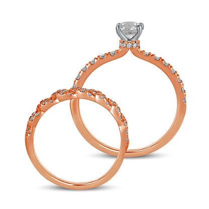 1.0 CT. T.W. Natural Diamond Cuban Curb Chain Link Bridal Engagement Ring Set in Solid 10K Rose Gold