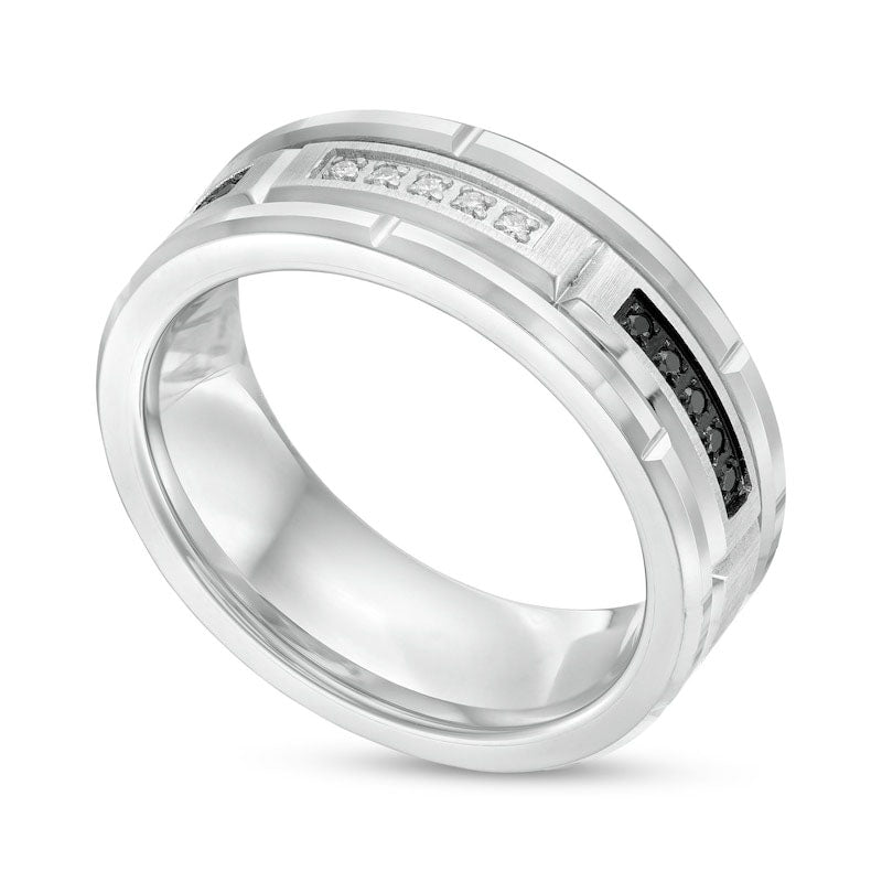 Men's 0.13 CT. T.W. Black Enhanced and White Natural Diamond Brick Pattern Wedding Band in Tungsten and Black IP - Size 10