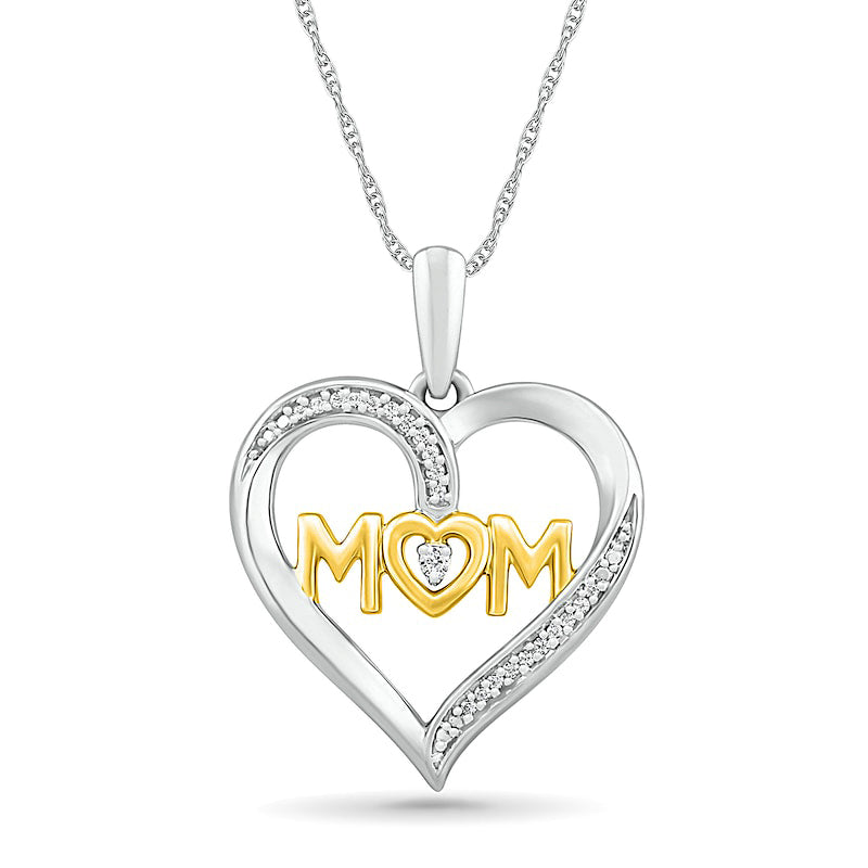 0.05 CT. T.W. Natural Diamond Heart MOM" Pendant in Sterling Silver and 10K Yellow Gold"