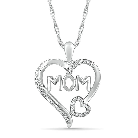 0.1 CT. T.W. Natural Diamond Double Heart MOM" Pendant in Sterling Silver"