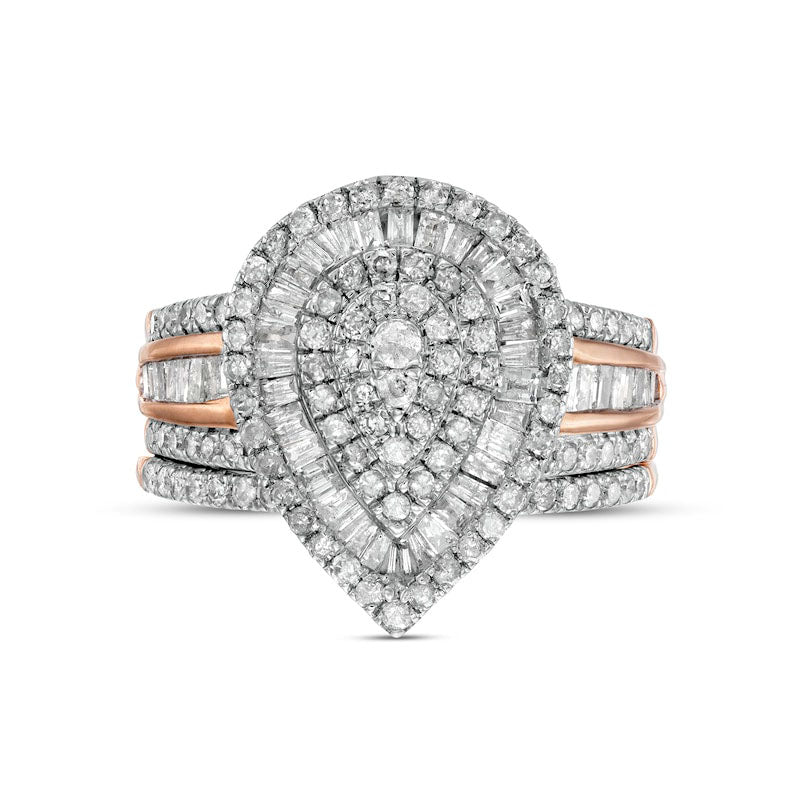 1.25 CT. T.W. Composite Baguette and Round Natural Diamond Triple Teardrop Frame Bridal Engagement Ring Set in Solid 10K Rose Gold