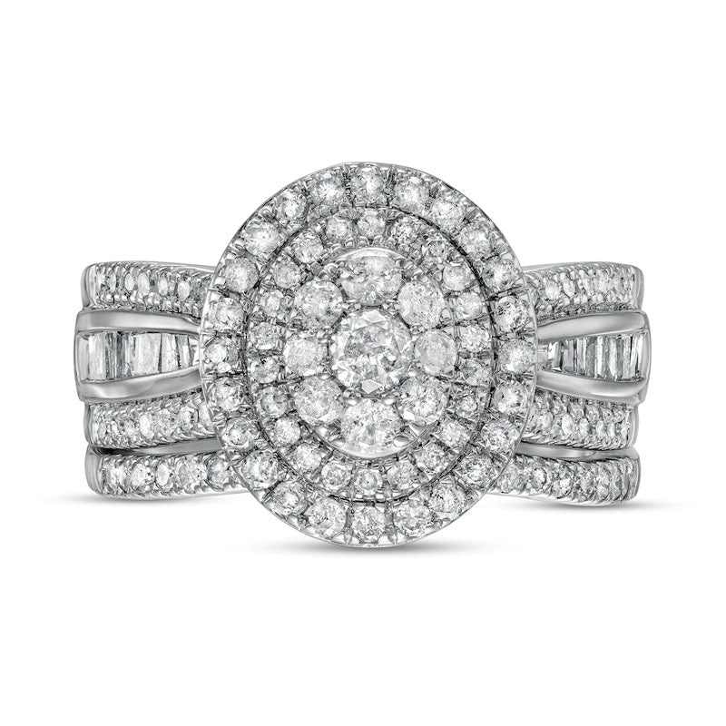 1.25 CT. T.W. Composite Baguette and Round Natural Diamond Double Oval-Shape Frame Bridal Engagement Ring Set in Solid 10K White Gold