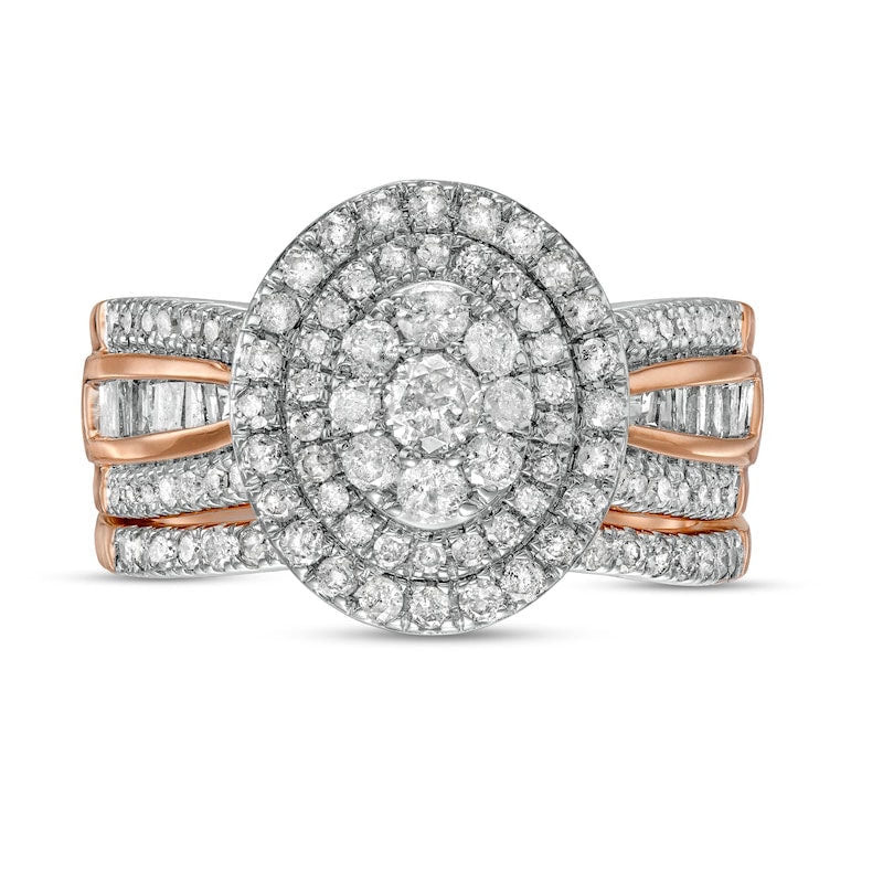 1.25 CT. T.W. Composite Baguette and Round Natural Diamond Double Oval-Shape Frame Bridal Engagement Ring Set in Solid 10K Rose Gold