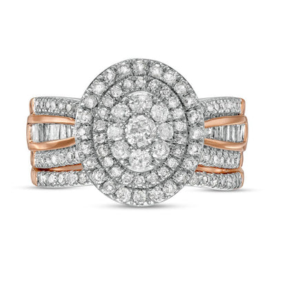 1.25 CT. T.W. Composite Baguette and Round Natural Diamond Double Oval-Shape Frame Bridal Engagement Ring Set in Solid 10K Rose Gold