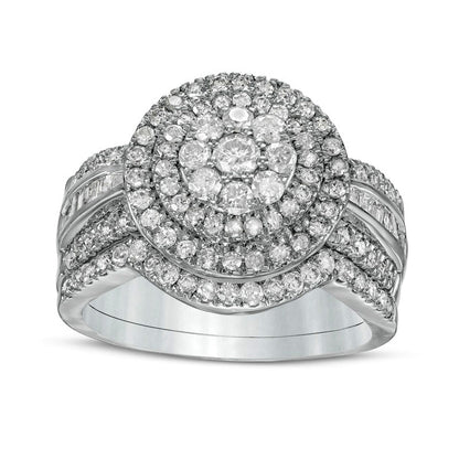 1.25 CT. T.W. Composite Baguette and Round Natural Diamond Double Frame Bridal Engagement Ring Set in Solid 10K White Gold