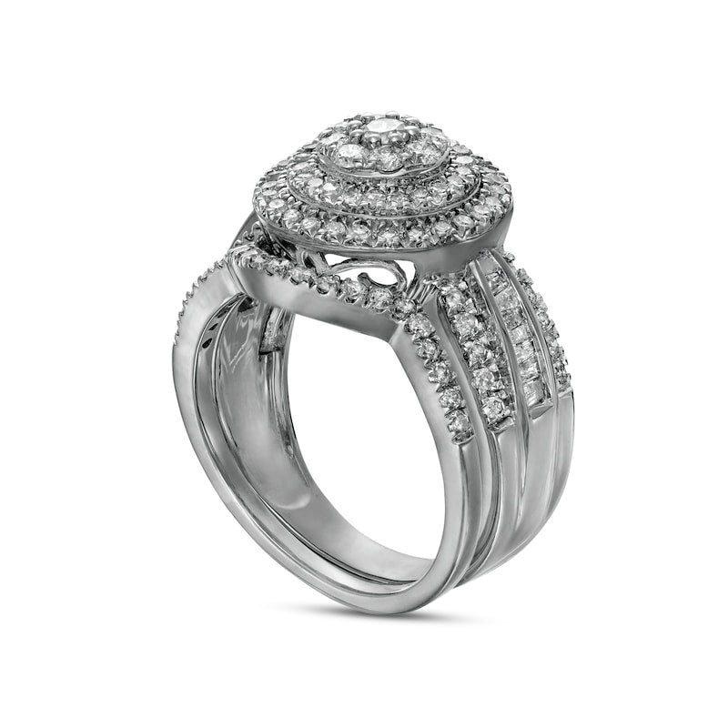 1.25 CT. T.W. Composite Baguette and Round Natural Diamond Double Frame Bridal Engagement Ring Set in Solid 10K White Gold
