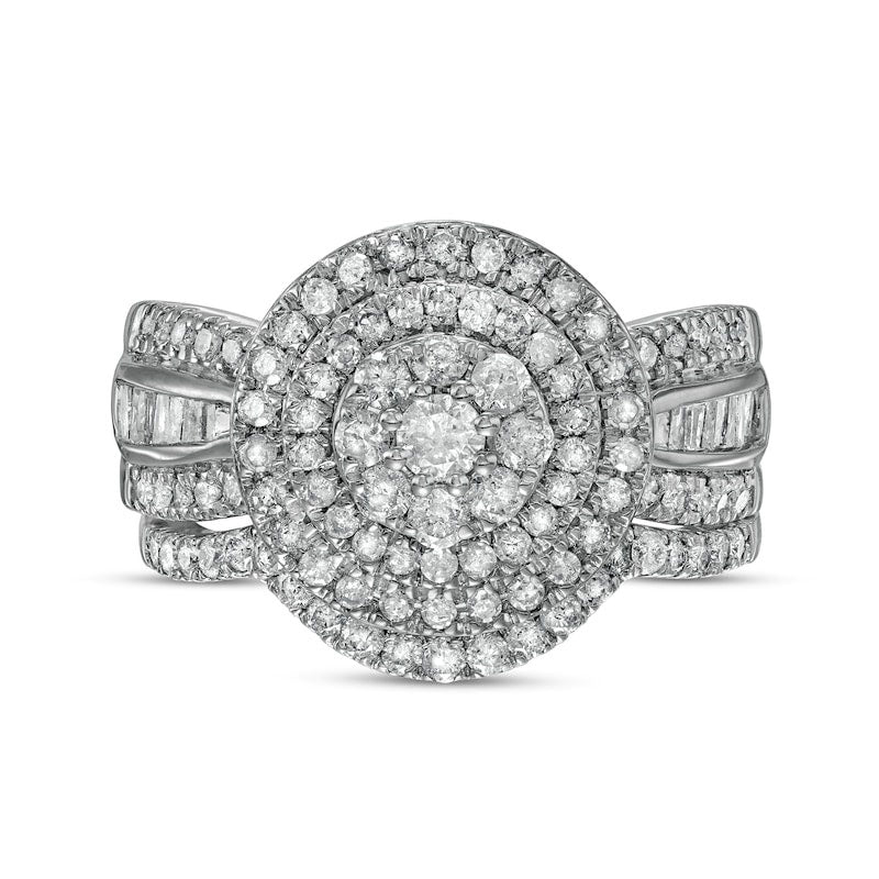 1.25 CT. T.W. Composite Baguette and Round Natural Diamond Double Frame Bridal Engagement Ring Set in Solid 10K White Gold