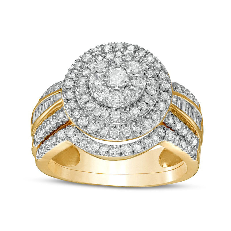 1.25 CT. T.W. Composite Baguette and Round Natural Diamond Double Frame Bridal Engagement Ring Set in Solid 10K Yellow Gold