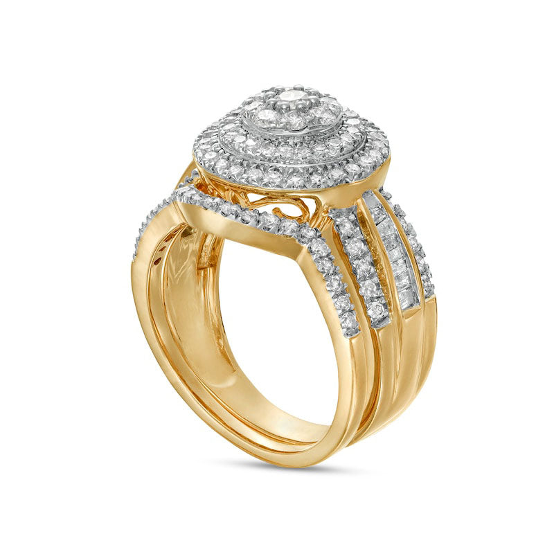 1.25 CT. T.W. Composite Baguette and Round Natural Diamond Double Frame Bridal Engagement Ring Set in Solid 10K Yellow Gold