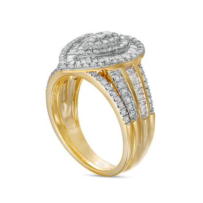 1.25 CT. T.W. Composite Baguette and Round Natural Diamond Layered Pear-Shape Frame Bridal Engagement Ring Set in Solid 10K Yellow Gold