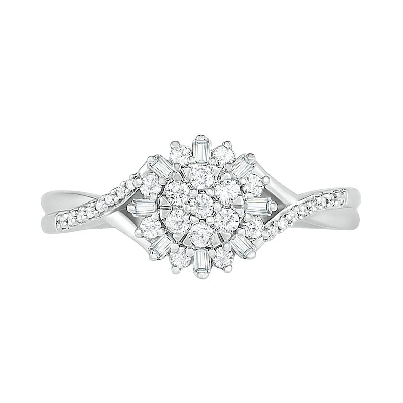 0.25 CT. T.W. Composite Baguette and Round Natural Diamond Split Shank Flower Promise Ring in Sterling Silver