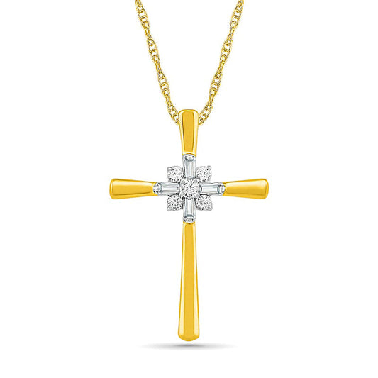 0.1 CT. T.W. Baguette and Round Natural Diamond Cross Sunburst Pendant in 10K Yellow Gold