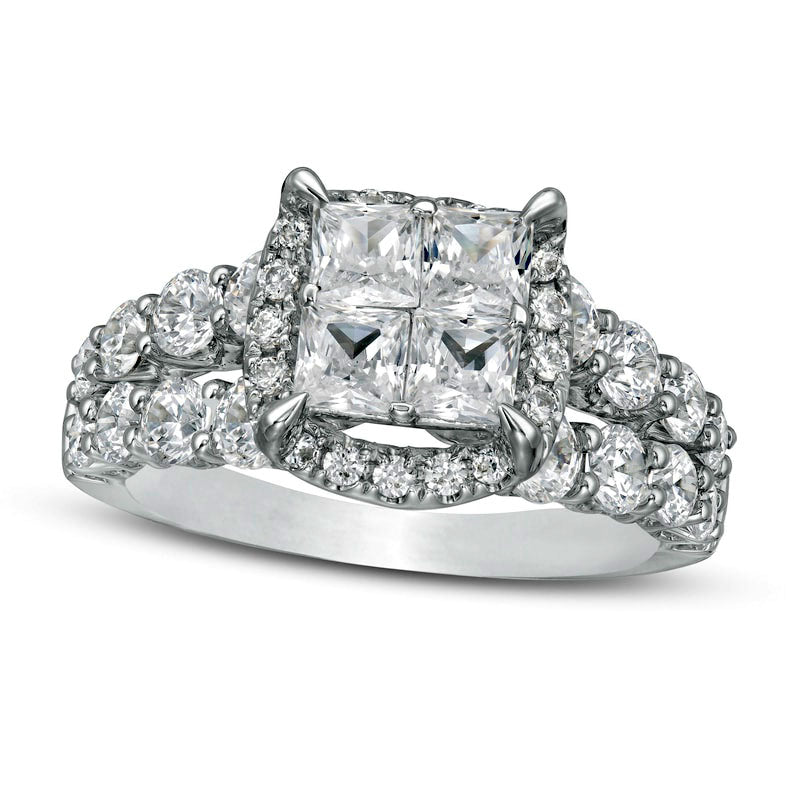 3.0 CT. T.W. Princess-Cut Quad Natural Diamond Frame Split Shank Engagement Ring in Solid 14K White Gold