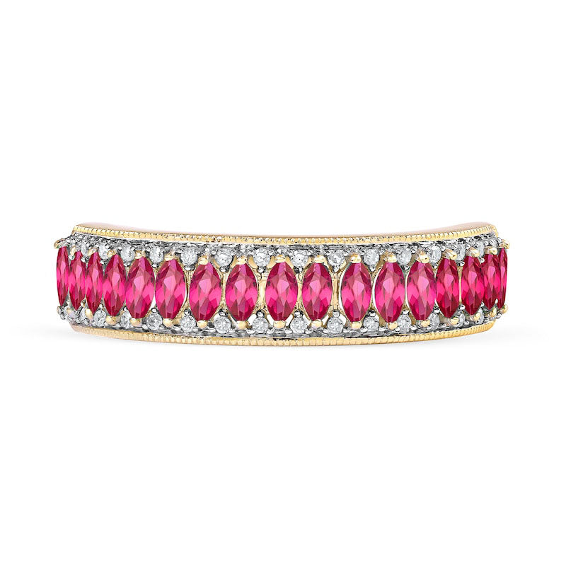 Marquise Ruby and 0.10 CT. T.W. Natural Diamond Border Triple Row Antique Vintage-Style Ring in Solid 10K Yellow Gold