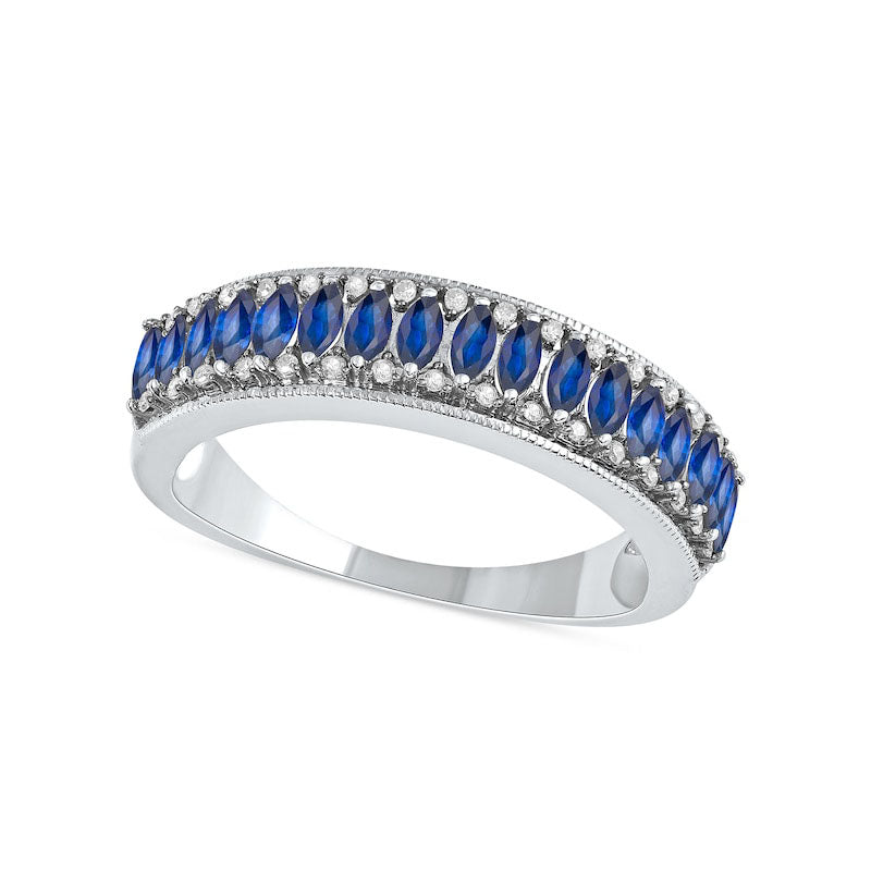 Marquise Blue Sapphire and 0.10 CT. T.W. Natural Diamond Border Triple Row Antique Vintage-Style Ring in Solid 10K White Gold