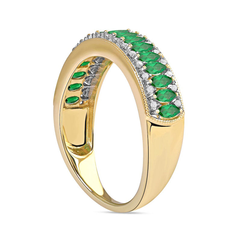 Marquise Emerald and 0.10 CT. T.W. Natural Diamond Border Triple Row Antique Vintage-Style Ring in Solid 10K Yellow Gold
