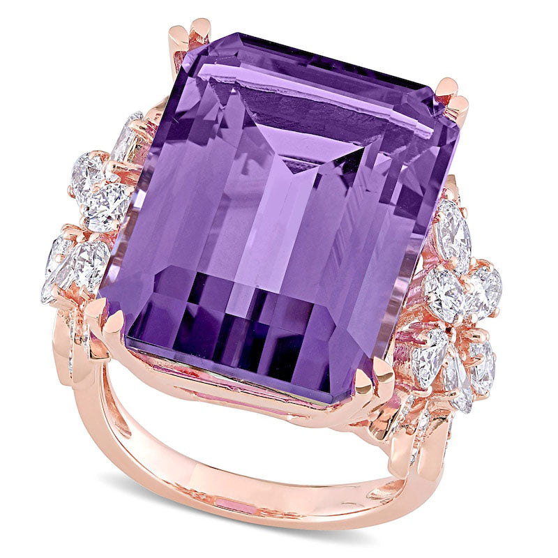 Emerald-Cut Amethyst and 1.75 CT. T.W. Multi-Shape Natural Diamond Floral Side Accent Cocktail Ring in Solid 14K Rose Gold