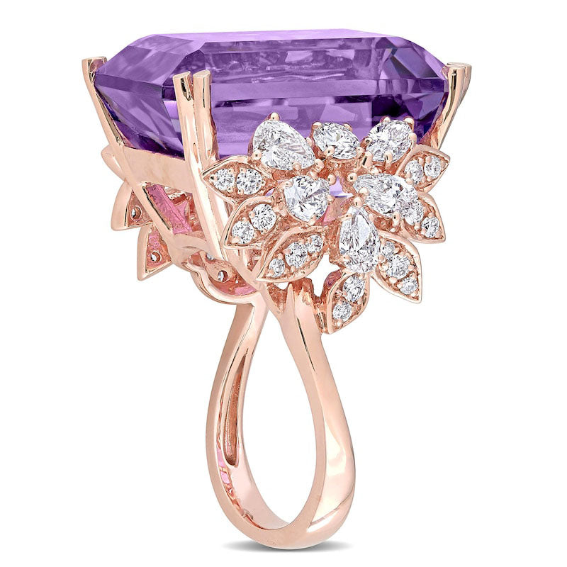 Emerald-Cut Amethyst and 1.75 CT. T.W. Multi-Shape Natural Diamond Floral Side Accent Cocktail Ring in Solid 14K Rose Gold