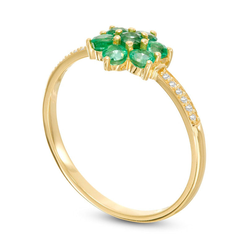 Emerald and Natural Diamond Accent Flower Cluster Ring in Solid 10K Yellow Gold