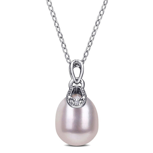8.5-9.0mm Oval Cultured Freshwater Pearl and Natural Diamond Accent Doorknocker Drop Pendant in Sterling Silver