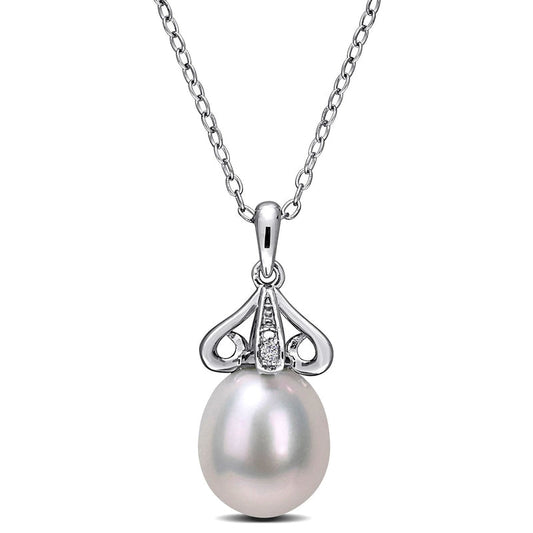 8.5-9.0mm Oval Cultured Freshwater Pearl and Natural Diamond Accent Scroll Petal Flower Drop Pendant in Sterling Silver