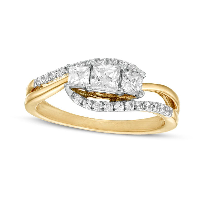 0.75 CT. T.W. Princess-Cut and Round Natural Diamond Three Stone Bypass Ring in Solid 10K Yellow Gold