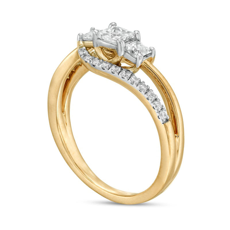 0.75 CT. T.W. Princess-Cut and Round Natural Diamond Three Stone Bypass Ring in Solid 10K Yellow Gold