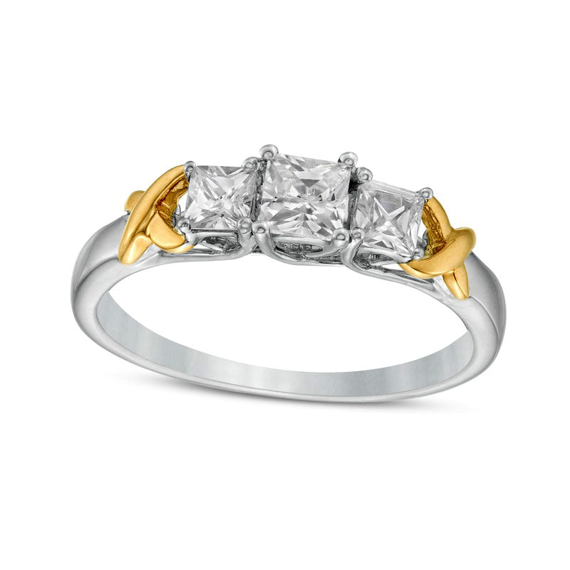 0.63 CT. T.W. Princess-Cut Natural Diamond Three Stone X" Shank Ring in Solid 10K Two-Tone Gold"