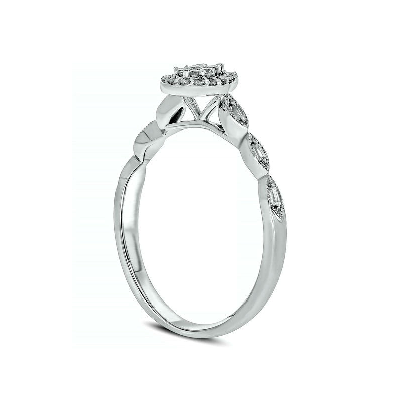 0.20 CT. T.W. Composite Baguette and Round Natural Diamond Pear-Shaped Frame Scallop Shank Promise Ring in Solid 10K White Gold