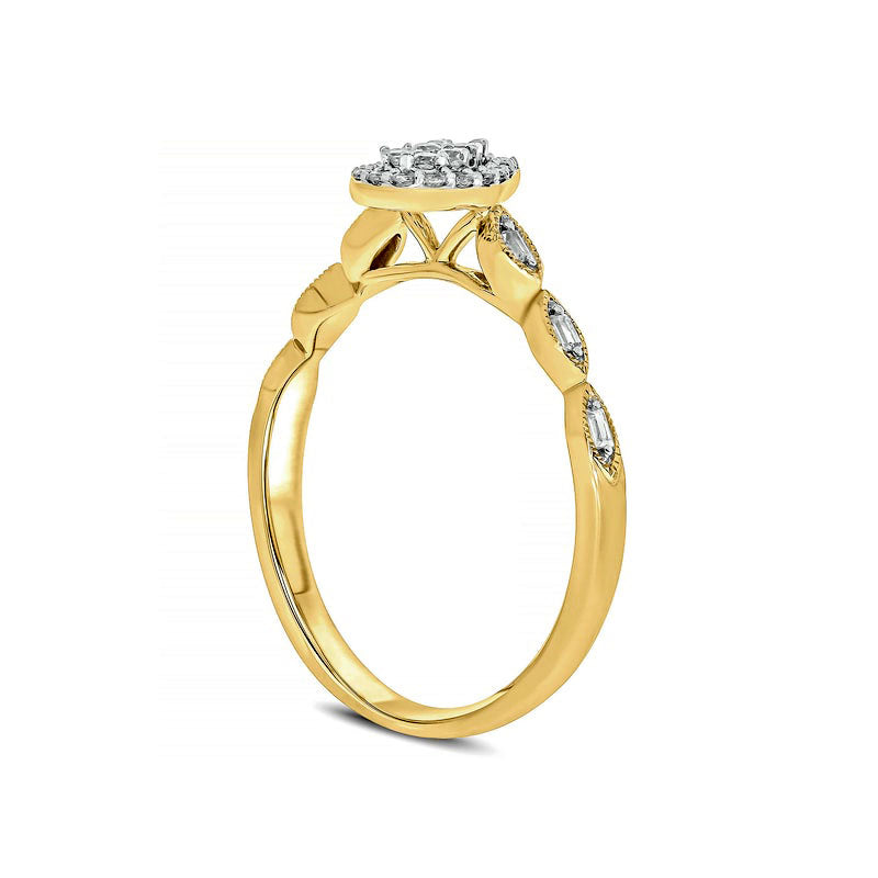 0.20 CT. T.W. Composite Baguette and Round Natural Diamond Pear-Shaped Frame Scallop Shank Promise Ring in Solid 10K Yellow Gold