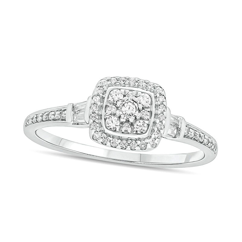 0.25 CT. T.W. Composite Baguette and Round Natural Diamond Cushion-Shape Frame Promise Ring in Solid 10K White Gold