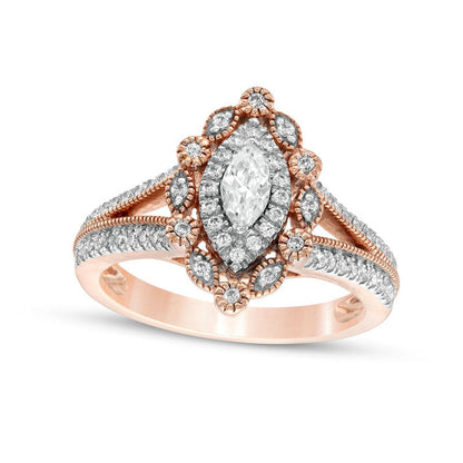0.75 CT. T.W. Marquise and Round Natural Diamond Alternating Frame Antique Vintage-Style Engagement Ring in Solid 10K Rose Gold