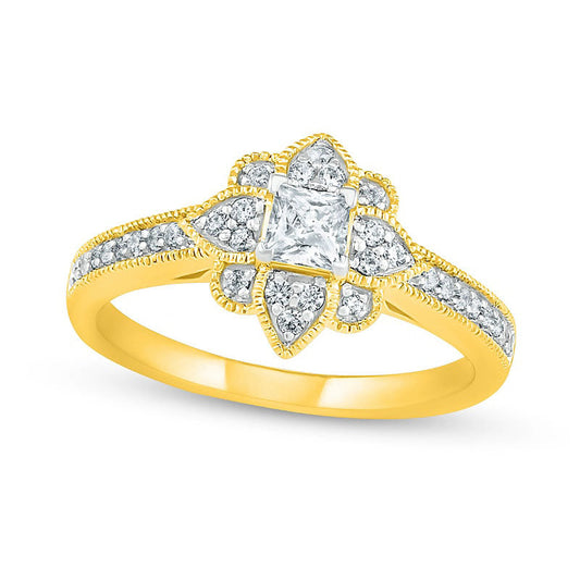 0.50 CT. T.W. Princess-Cut Natural Diamond Flower Frame Antique Vintage-Style Engagement Ring in Solid 10K Yellow Gold