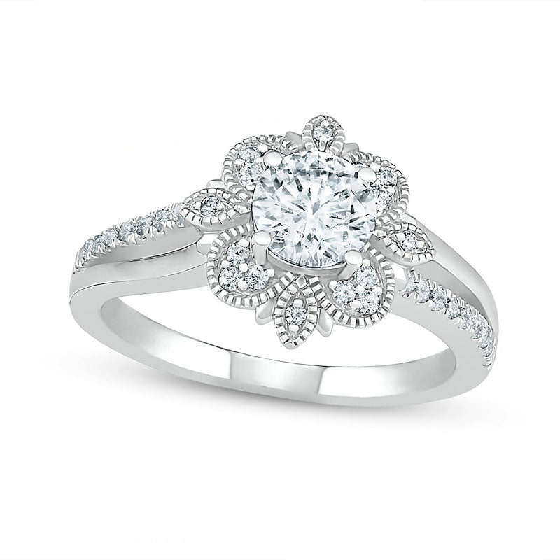1.0 CT. T.W. Natural Diamond Flower Frame Antique Vintage-Style Engagement Ring in Solid 10K White Gold