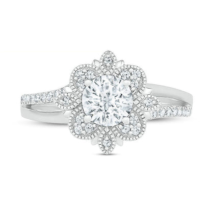 1.0 CT. T.W. Natural Diamond Flower Frame Antique Vintage-Style Engagement Ring in Solid 10K White Gold