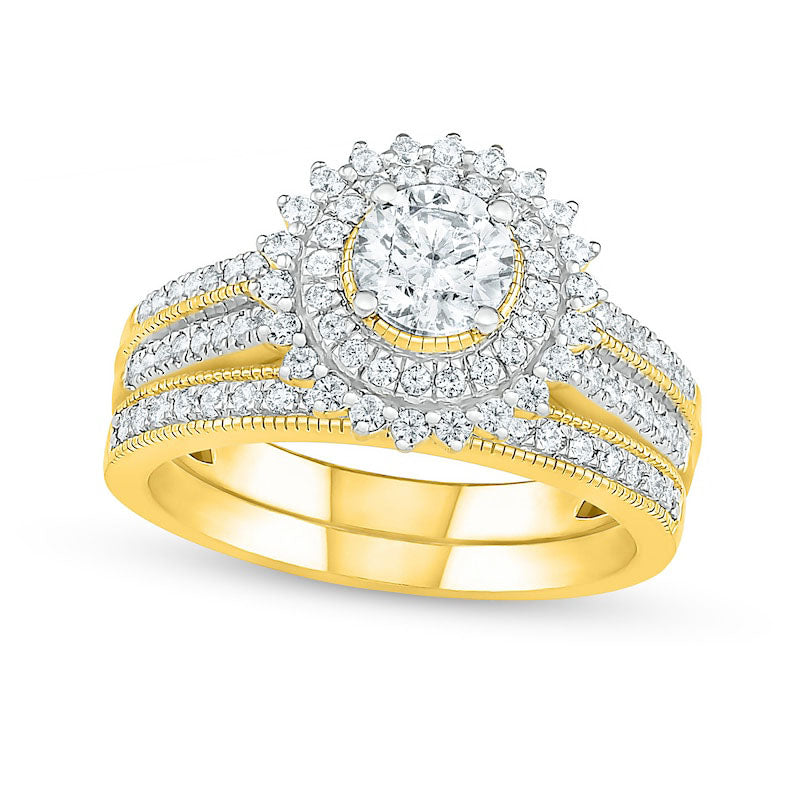 1.0 CT. T.W. Natural Diamond Sunburst Frame Antique Vintage-Style Bridal Engagement Ring Set in Solid 10K Yellow Gold