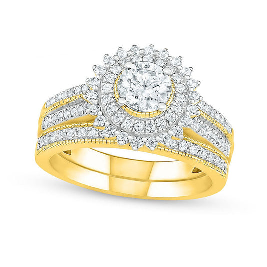 1.0 CT. T.W. Natural Diamond Sunburst Frame Antique Vintage-Style Bridal Engagement Ring Set in Solid 10K Yellow Gold